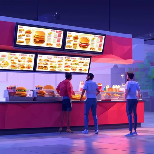 A fast food restaurant with a 3screen digital menu board with people looking at the menu board-1