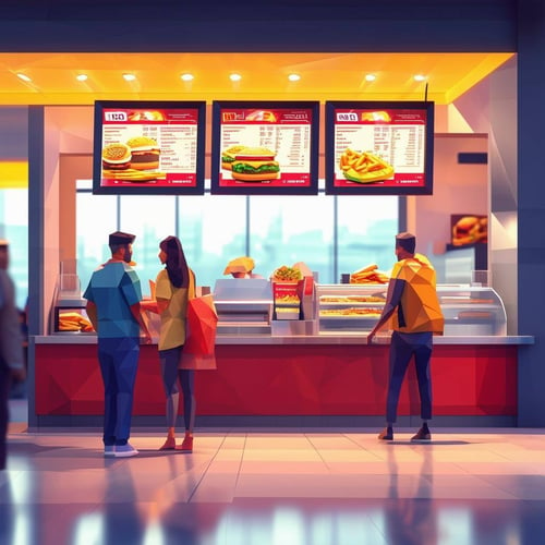 A fast food restaurant with a 3screen digital menu board with people looking at the menu board