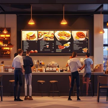 A sleek, modern digital menu board with people looking at it displaying various food and drink items in a restaurant setting-1