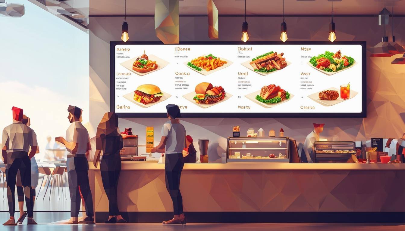 A sleek, modern digital menu board with people looking at it displaying various food and drink items in a restaurant setting