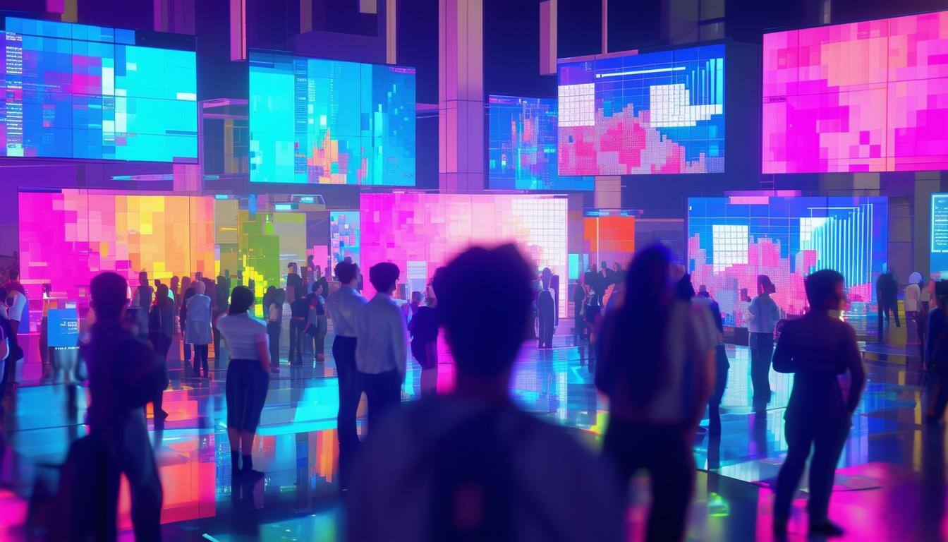 Digital Screens surrounded by people looking at them, colorful pixels