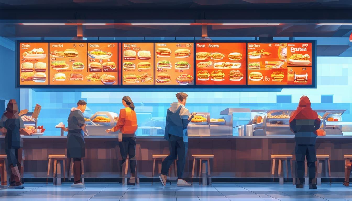 a digital menu board in a busy fast food restaurant colors are hues of blues, oranges, and grays