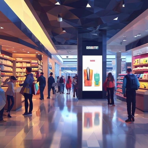 digital signage vertical format, in a retail store with people shopping