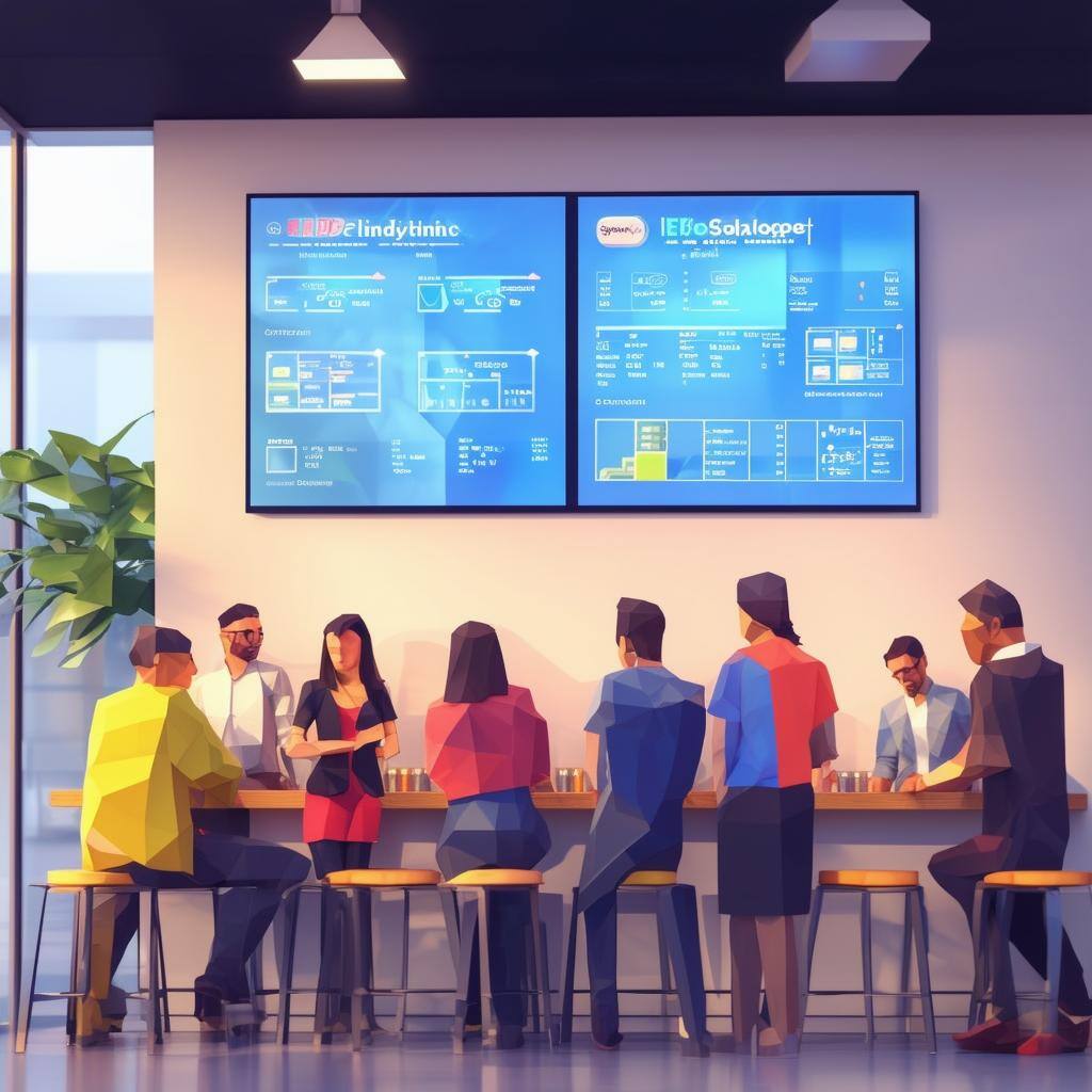 employees gathering in break room with digital signage on wall low poly