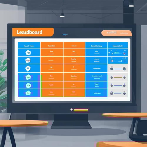 gamification leaderboard at workplace, colors are blues and oranges and grays