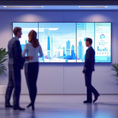 people in corporate environment with digital signage on wall low poly