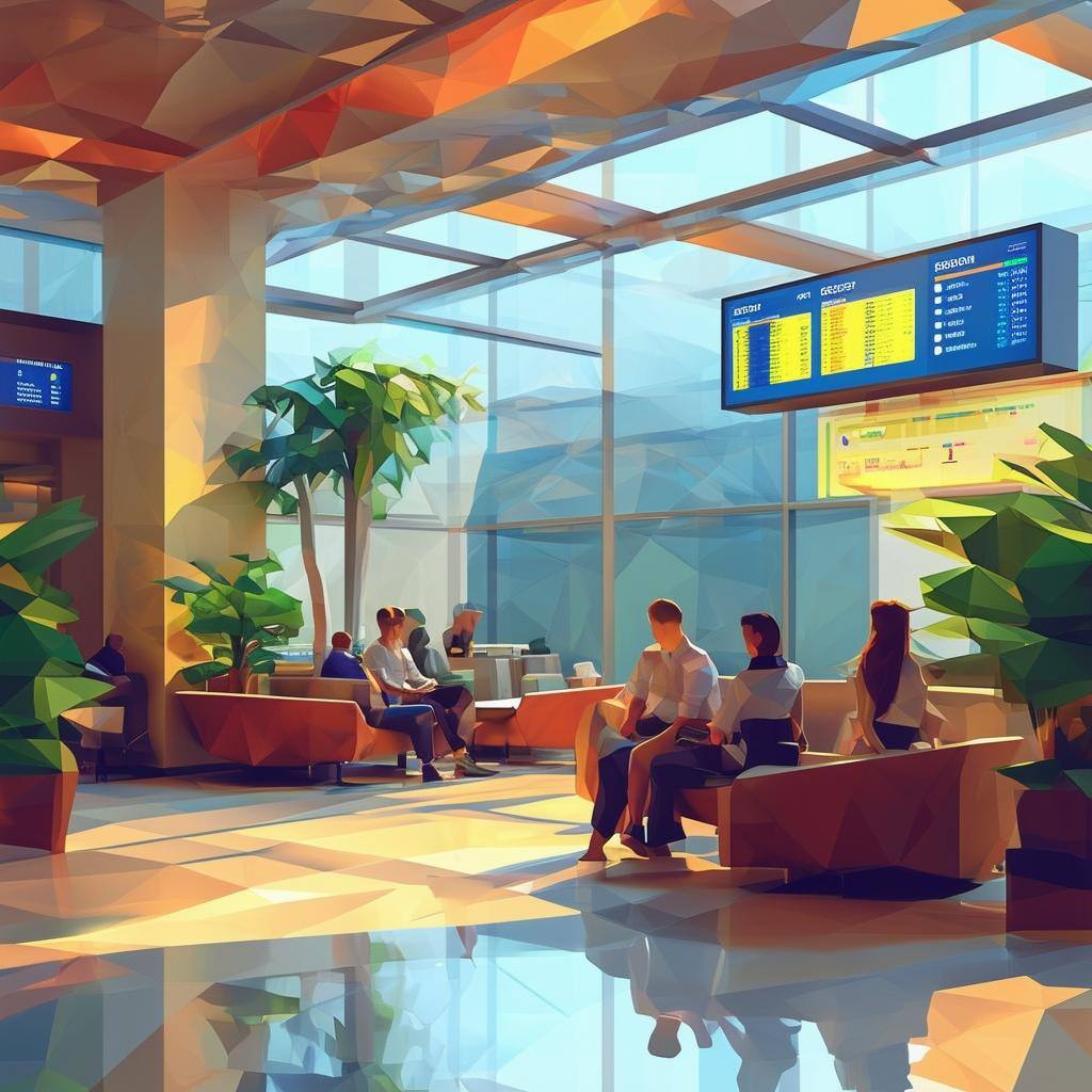 people sitting in hotel lobby with flight information digital signage on wall low poly