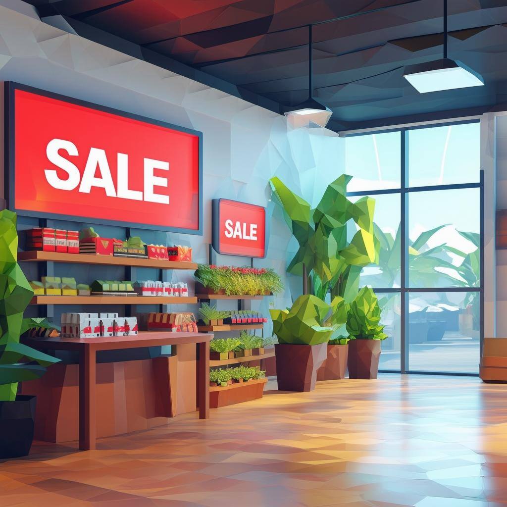 retail shopping environment with digital sale signage on wall low poly